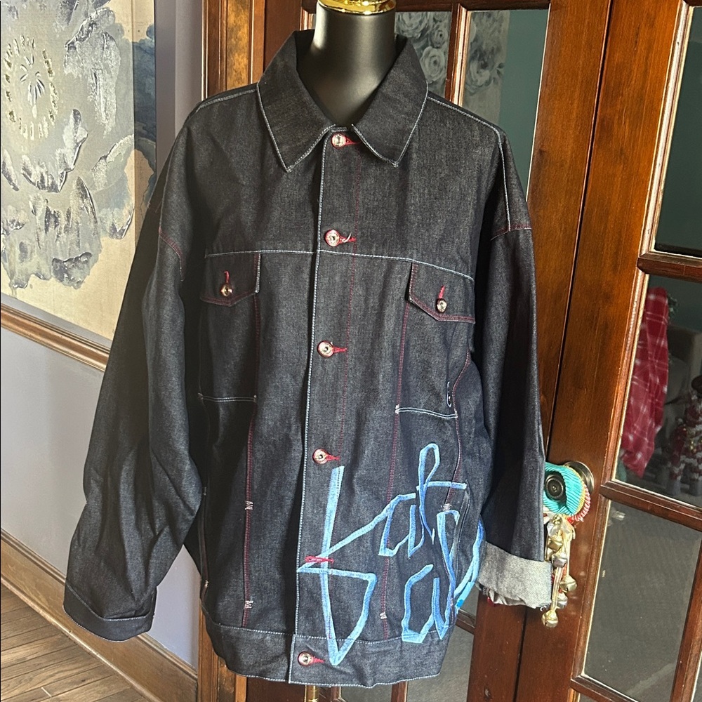 Stylish Black Denim Jacket with Blue Accents